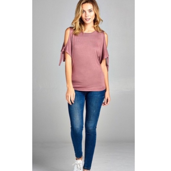 Dusty Mauve Cold Shoulder Tie Top - Picture 4 of 5